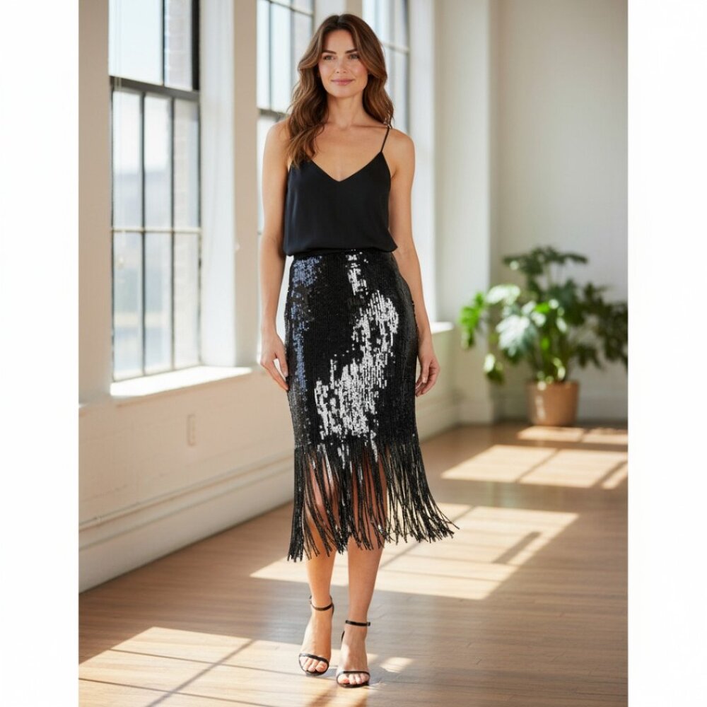 Designer Vince Camuto Black Sequin Midi Length Fringe Fully Lined Evening Skirt - Picture 2 of 11